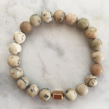 Men's matte african opal beaded energy bracelet with gold hexagon bead