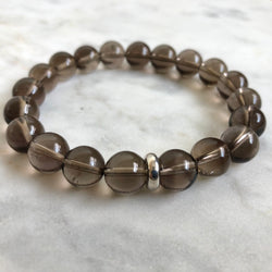 men's grey smoky quartz beaded energy bracelet with sterling silver bead
