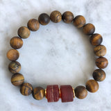 Men's red carnelian and matted golden tiger's eye beaded fertility energy bracelet with gold accents