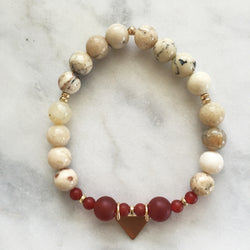 African opal and red carnelian pitta pregnancy bracelet with gold triangle charm