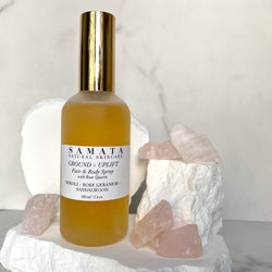 Ground + Uplift Facial Mist:  Neroli + Rose Geranium + Sandalwood with Rose Quartz