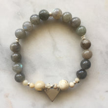 Labradorite and african opal beaded bracelet with silver triangle charm and accents