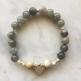 Labradorite and african opal beaded bracelet with silver triangle charm and accents