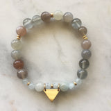 Moonstone and aquamarine pregnancy yoga jewelry bracelet with gold triangle charm