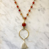 beaded red carnelian with gold mala necklace
