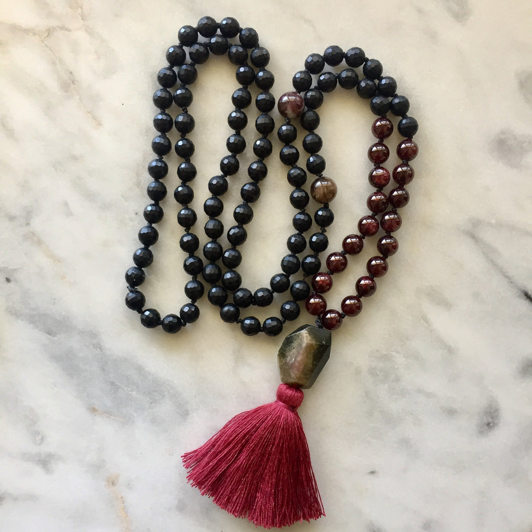 Onyx, Red Garnet & Pink Tourmaline Mala - To Uplift, Balance & Protect