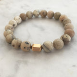 Men's matte african opal beaded energy bracelet with gold hexagon bead