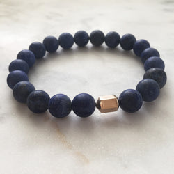 Men's blue lapis lazuli beaded energy bracelet with gold hexagon bead