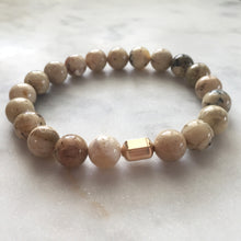 Men's African opal beaded energy bracelet with gold hexagon bead