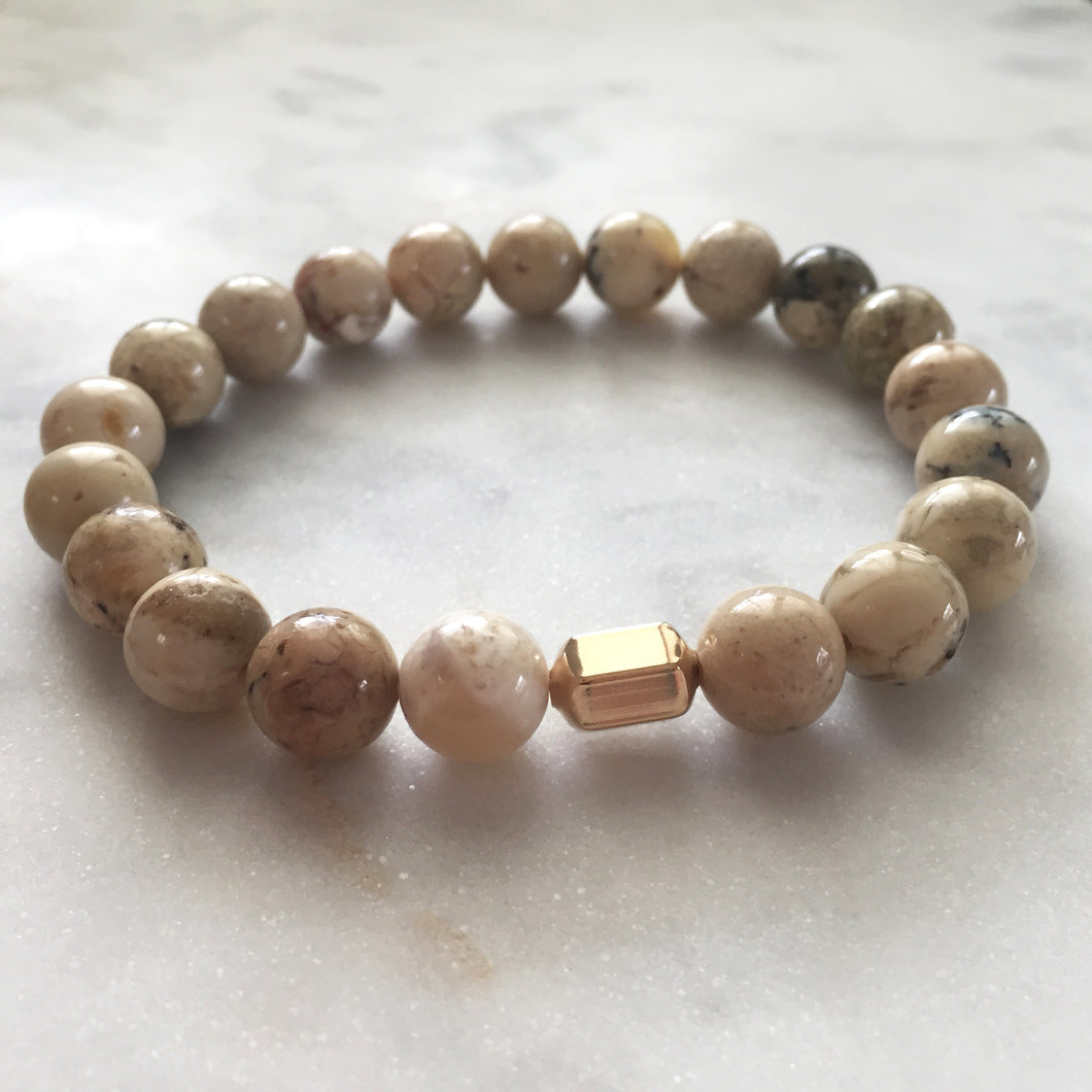 Men's African opal beaded energy bracelet with gold hexagon bead