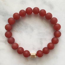 Men's red carnelian beaded energy fertility bracelet with gold hexagon bead