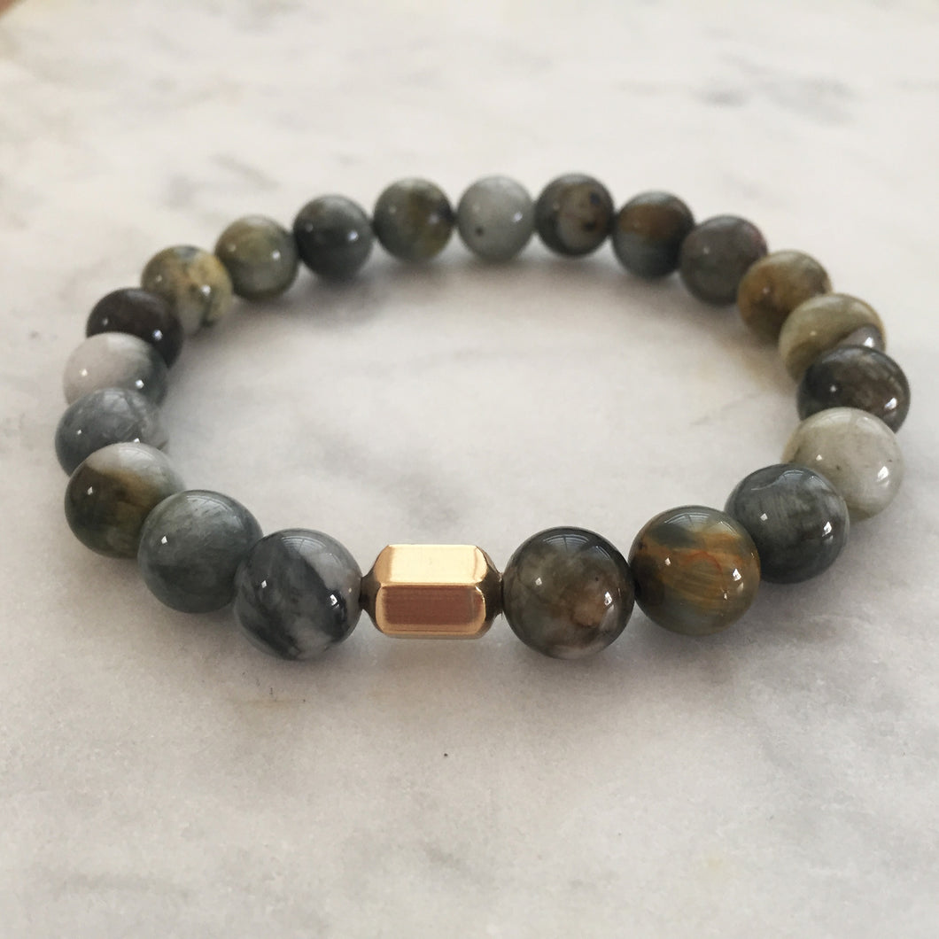 Men's earth tones cat's eye  beaded energy bracelet with gold hexagon bead