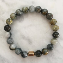 Men's earth tones cat's eye beaded energy bracelet with gold hexagon bead