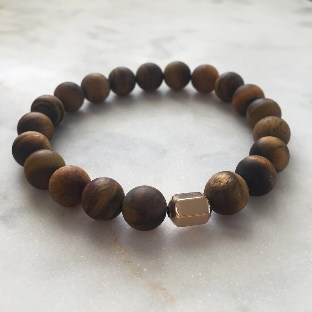 Men's matte golden tiger's eye beaded energy fertility bracelet with gold hexagon bead