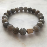 Men's labradorite beaded energy bracelet with gold hexagon bead