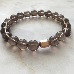 Men's grounding grey smoky quartz beaded energy bracelet with gold hexagon bead