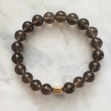Men's grounding grey smoky quartz beaded energy bracelet with gold hexagon bead