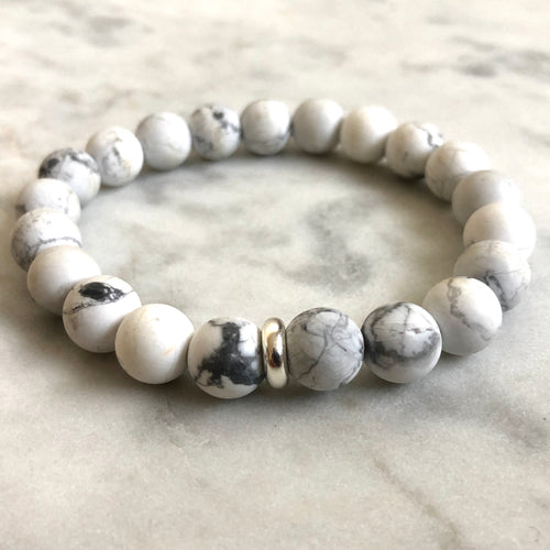 men's white howlite beaded energy bracelet with sterling silver bead
