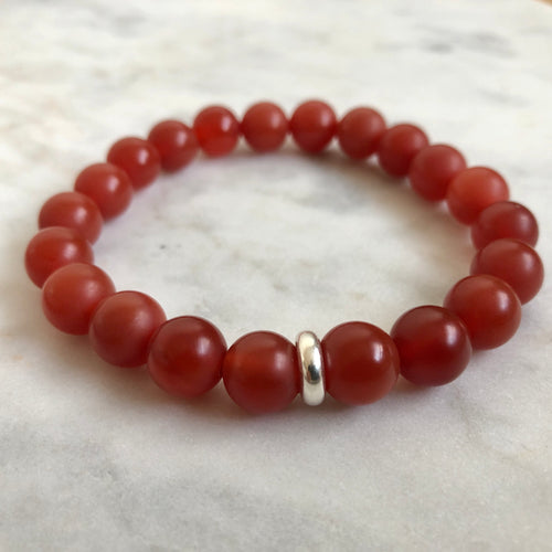 men's red carnelian beaded energy fertility bracelet with sterling silver bead