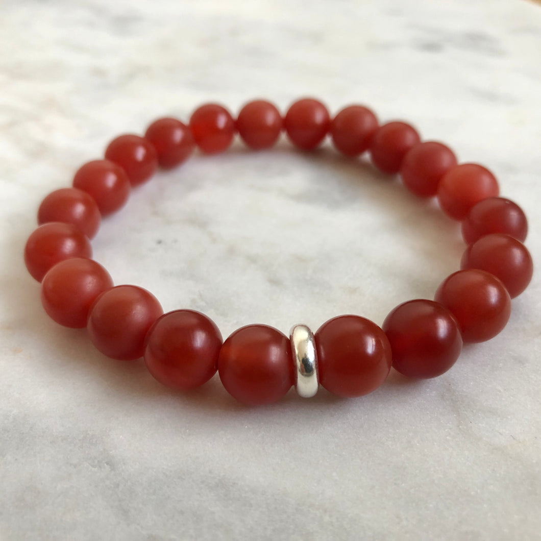 men's red carnelian beaded energy fertility bracelet with sterling silver bead