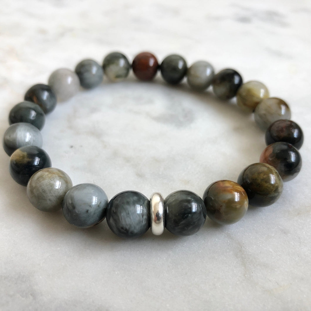men's cat's eye beaded energy bracelet with sterling silver bead 