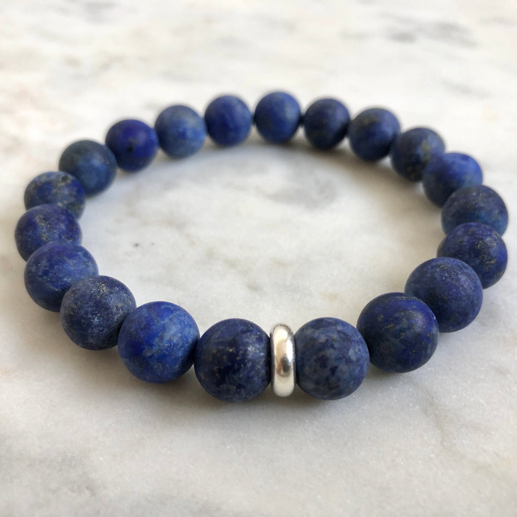 men's blue lapiz lazuli beaded energy bracelet with sterling silver bead