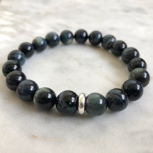 men's blue tiger's eye beaded energy bracelet with sterling silver bead
