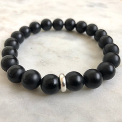 men's black onyx beaded energy bracelet with sterling silver bead