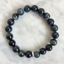men's blue tiger's eye beaded energy bracelet with sterling silver bead