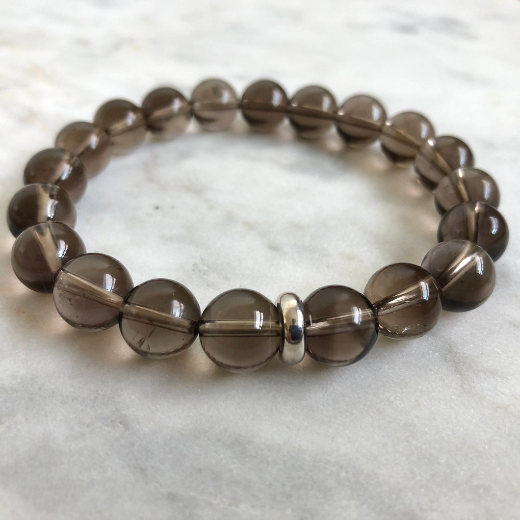 men's grey smoky quartz beaded energy bracelet with sterling silver bead