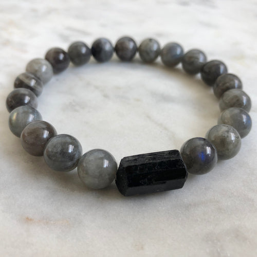 men's labradorite and black tourmaline beaded protection bracelet