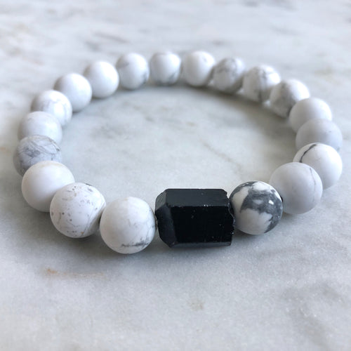 men's white howlite and black tourmaline beaded protection bracelet