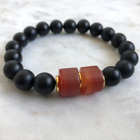 Men's red carnelian and matte black onyx beaded fertility energy bracelet with gold accents