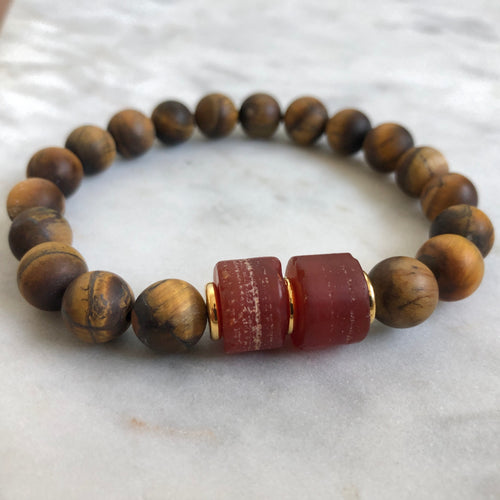 Men's red carnelian and matted golden tiger's eye beaded fertility energy bracelet with gold accents