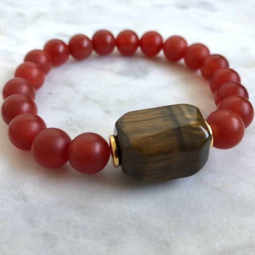 Men's red carnelian and golden tiger's eye beaded fertility energy bracelet 