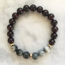Men's red garnet and cat's eye beaded energy bracelet for kapha dosha with gold beads