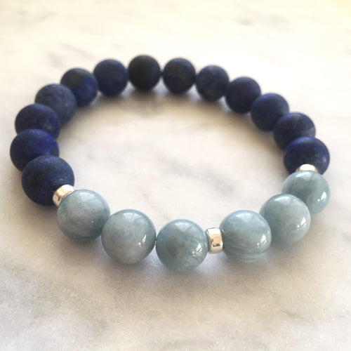 Men's blue lapis lazuli and aquamarine beaded energy bracelet for pitta dosha with sterling silver beads
