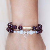 Aquamarine and red garnet pregnancy yoga jewelry bracelet with gold triangle charm