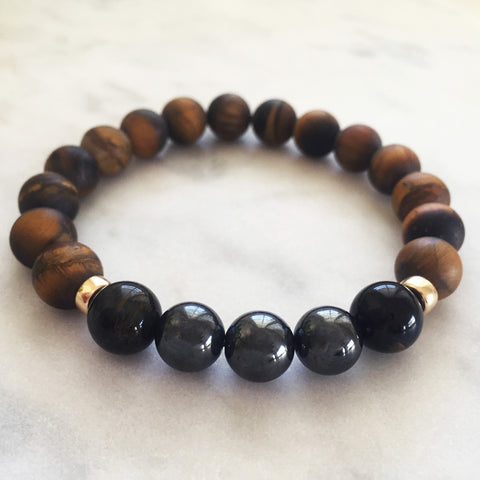 Men's hematite with blue and golden tiger's eye beaded fertility energy bracelet with gold beads