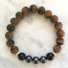 Men's hematite with blue and golden tiger's eye beaded fertility energy bracelet with gold beads