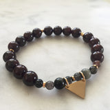 Red garnet and cat's eye pregnancy yoga jewelry bracelet with gold triangle charm