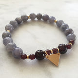 Purple Iolite and red garnet kapha beaded bracelet with gold triangle charm