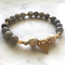 Labradorite and african opal beaded bracelet with gold triangle charm and accents