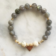 Labradorite and african opal beaded bracelet with gold triangle charm and accents