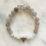 Moonstone and aquamarine pregnancy yoga jewelry bracelet with silver triangle charm