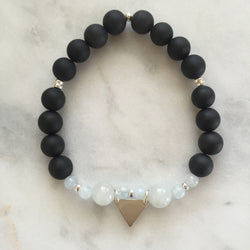 Black onyx and aquamarine pregnancy yoga jewelry bracelet with silver triangle charm