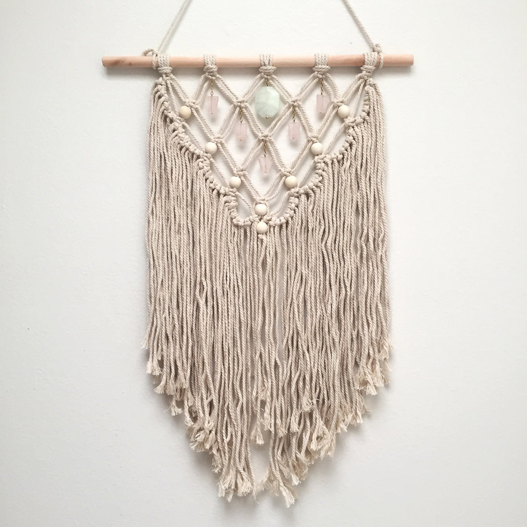 Aquamarine & Rose Quartz Macrame Wall Hanging
